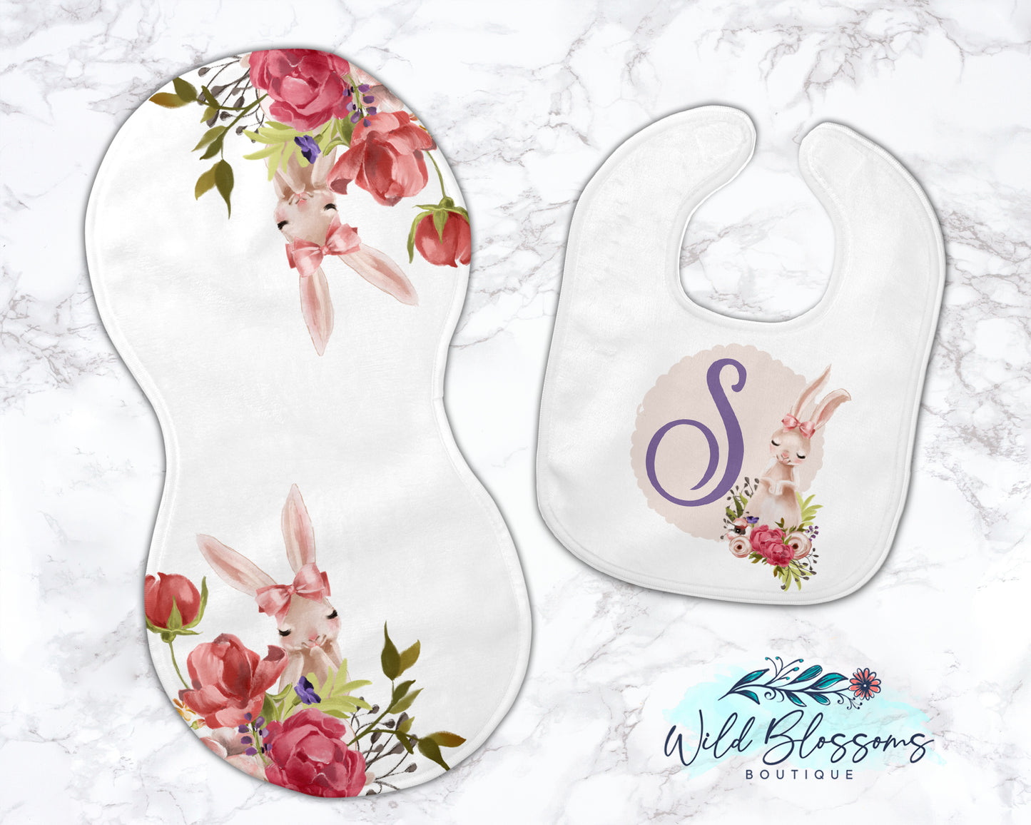 Rose Floral Bunny Baby Bib And Burp Cloth Set