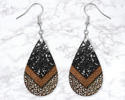 Copper, Leopard Print And Black Glitter Leather Look Drop Earrings