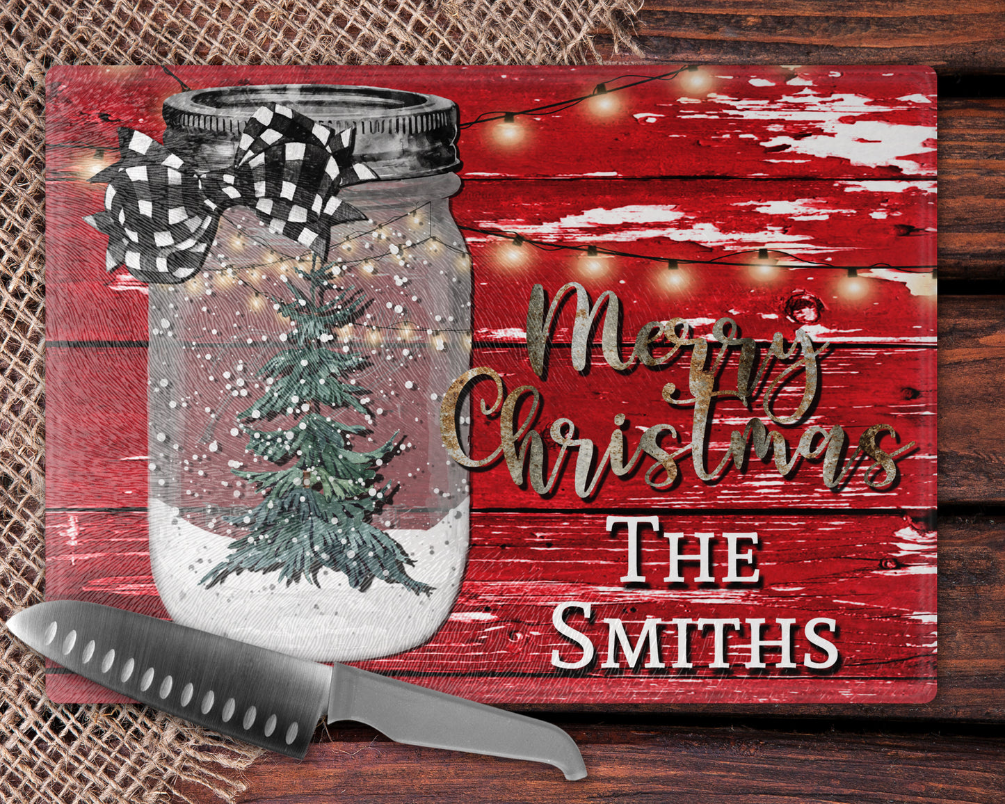 Red Barnwood Mason Jar Christmas Glass Cutting Board