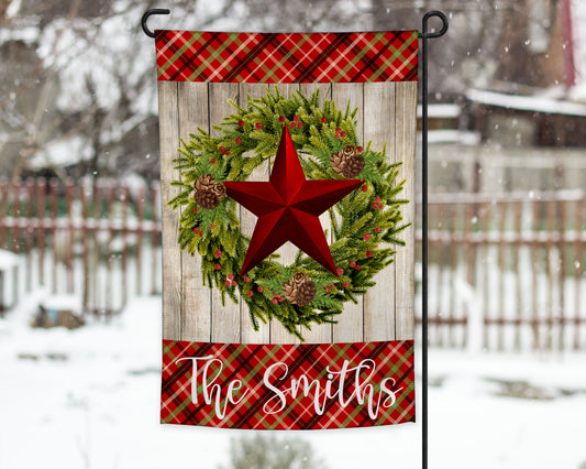 Christmas Plaid Star Wreath Garden Flag