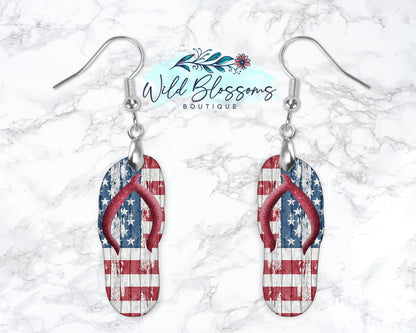 Distressed Wooden American Flag Flip Flop Drop Earrings