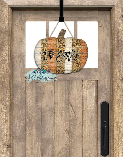 Distressed Vintage Leopard Print Pumpkin Door Hanger