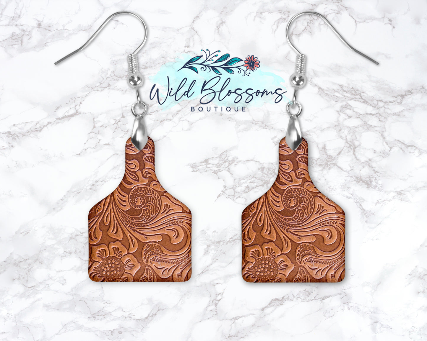 Floral Embossed Leather Look Cow Tag Drop Earrings
