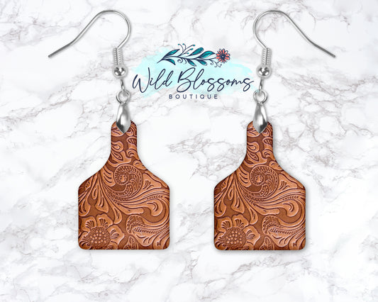 Floral Embossed Leather Look Cow Tag Drop Earrings