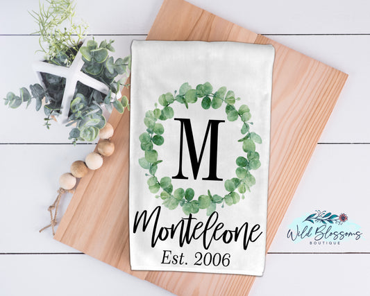 Eucalyptus Wreath Monogram Name Kitchen Towel