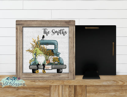 Personalized Hello Fall Gnome Truck Faux Frame Sign | Rustic Autumn Farmhouse Decor
