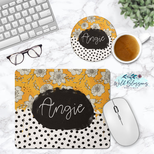 Floral Mustard Polka Dot Personalized Mouse Pad Desk Set