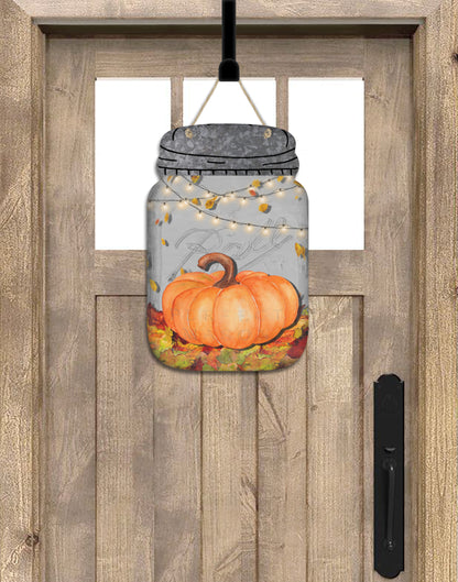 Fall Pumpkin and String Lights Personalized Mason Jar Door Hanger
