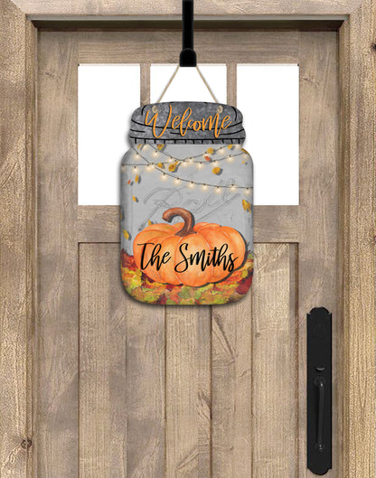 Fall Pumpkin and String Lights Personalized Mason Jar Door Hanger