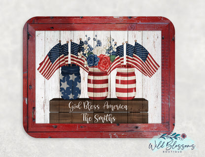 Personalized God Bless America Faux Frame Mason Jar Sign | Patriotic Farmhouse Decor