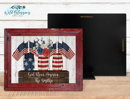 Personalized God Bless America Faux Frame Mason Jar Sign | Patriotic Farmhouse Decor