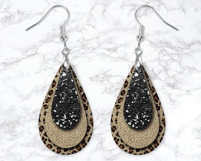 Leopard Print, Black Glitter and Gold Leather Look Drop Earrings