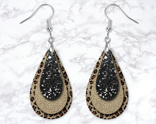 Leopard Print, Black Glitter and Gold Leather Look Drop Earrings