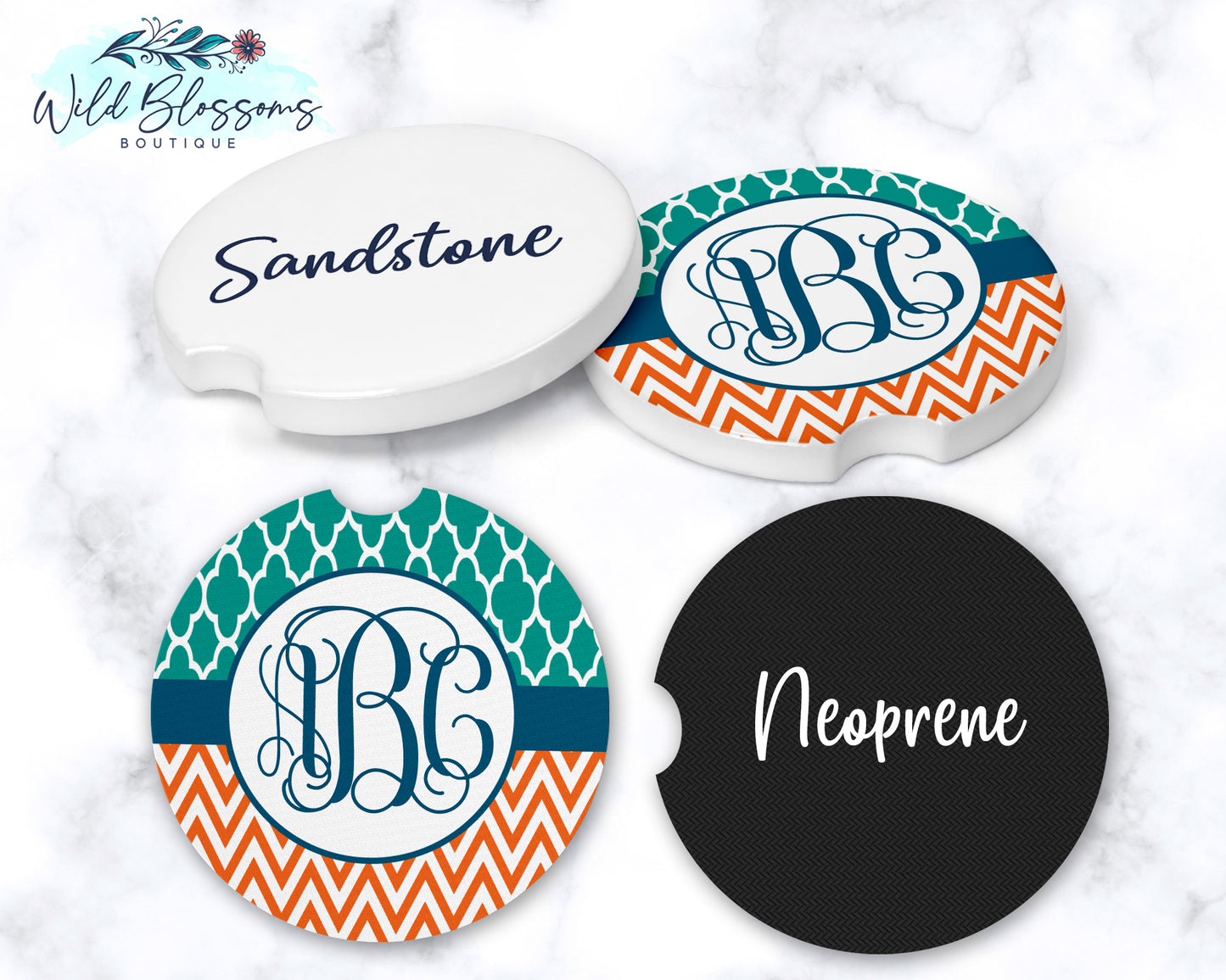 Green And Orange Monogram Car Coasters