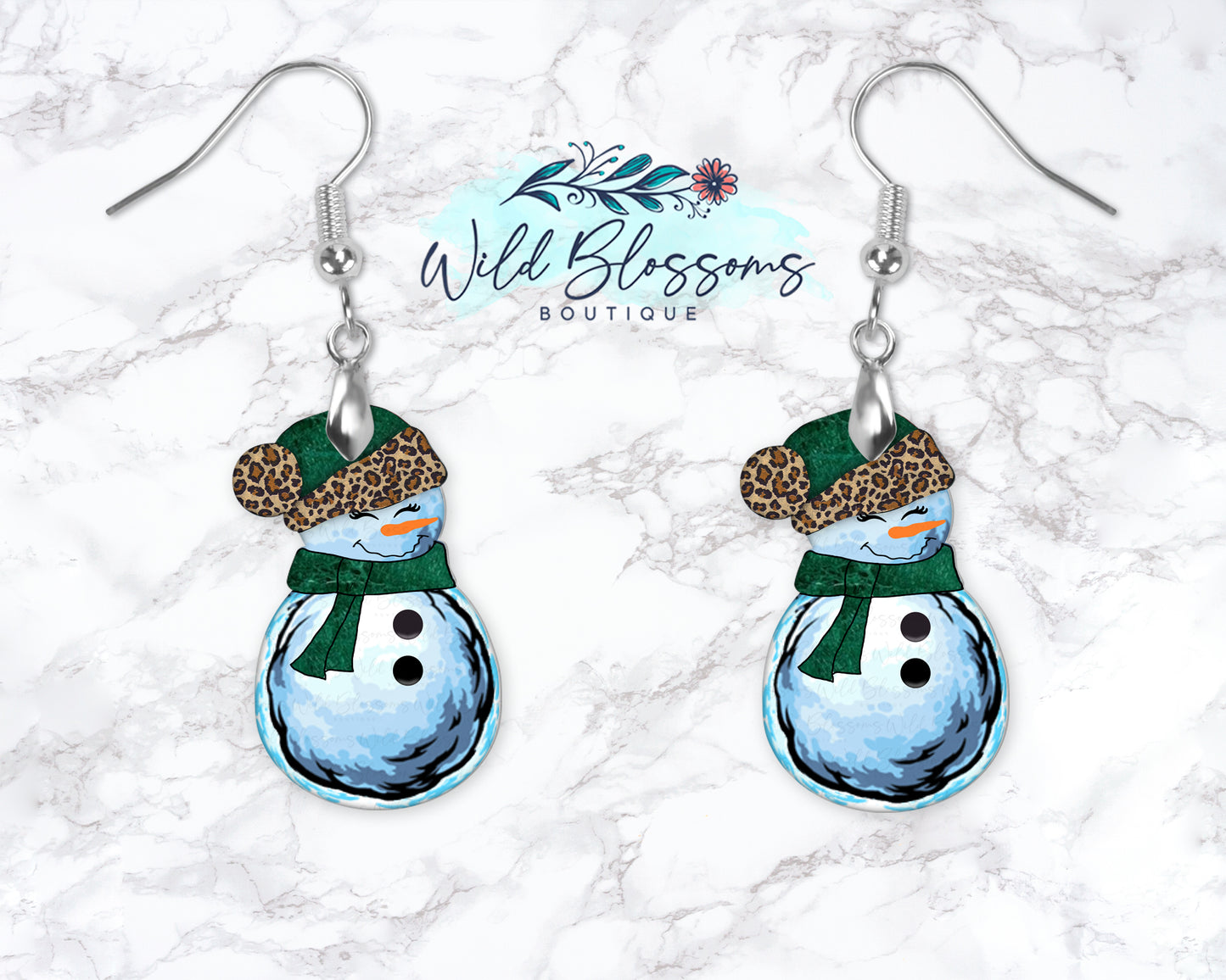 Green Leopard Print Snowman Drop Earrings