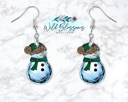Green Leopard Print Snowman Drop Earrings