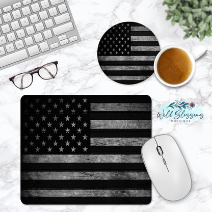 Grey Wooden American Flag Mouse Pad And Coaster Desk Set