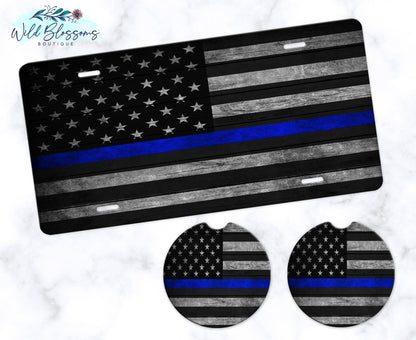 Wooden American Flag Blue Line Car Coasters
