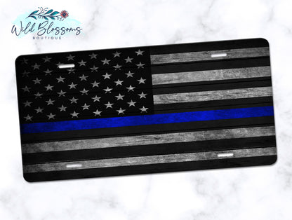 Wooden American Flag Blue Line License Plate