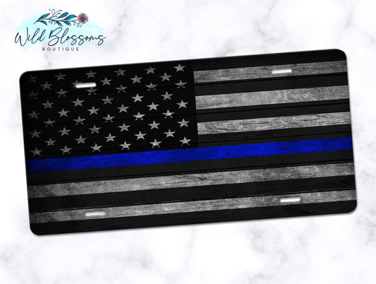Wooden American Flag Blue Line License Plate