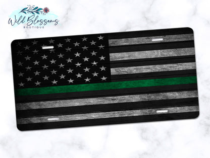 Wooden American Flag Green Line License Plate