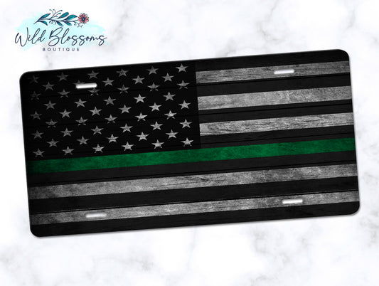 Wooden American Flag Green Line License Plate