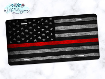 Wooden American Flag Red Line License Plate
