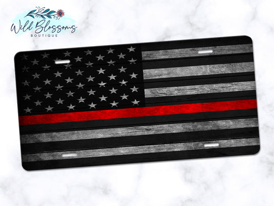 Wooden American Flag Red Line License Plate