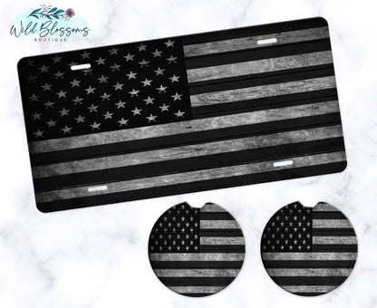 Grey Wooden American Flag Car Coasters