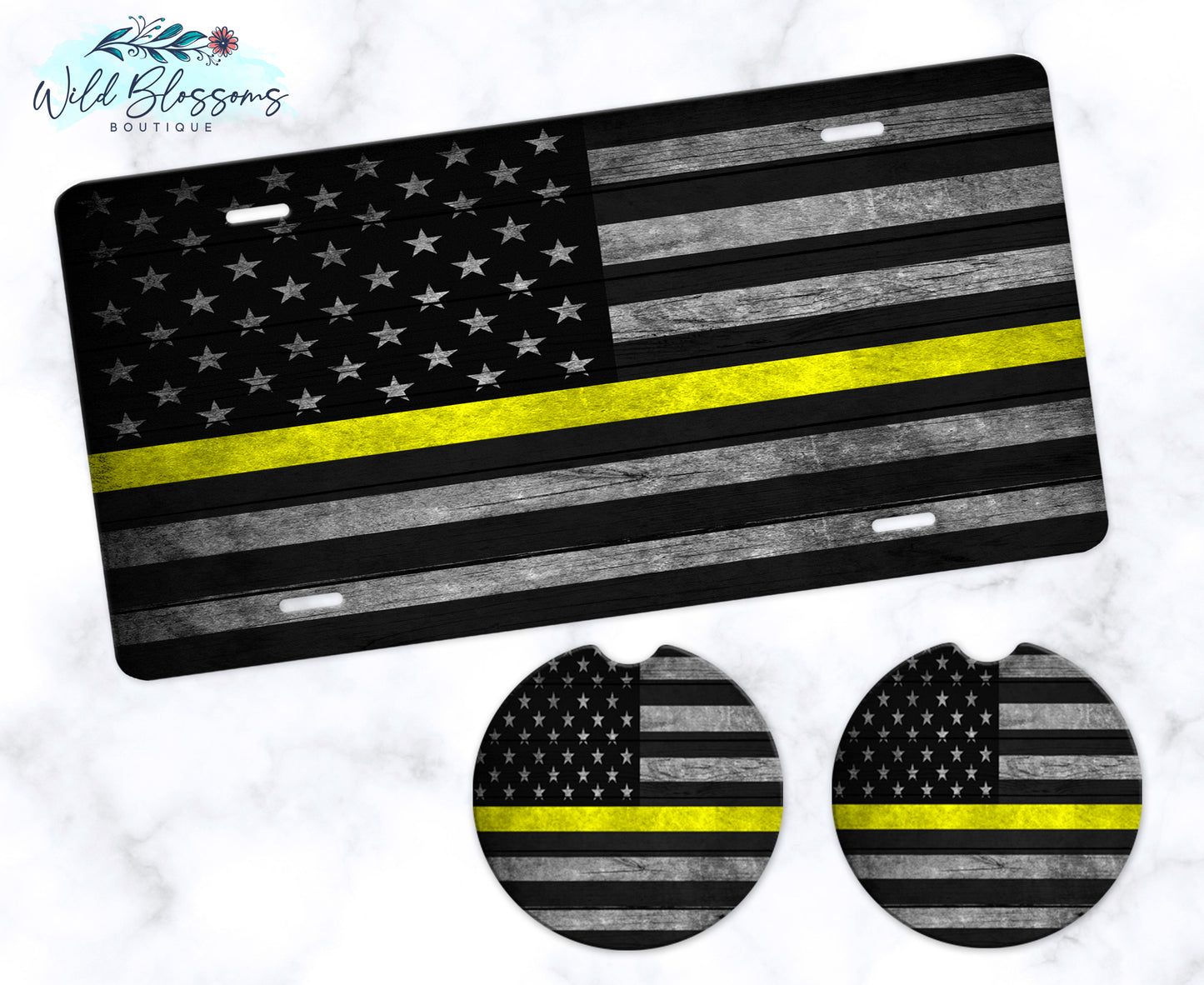 Wooden American Flag Yellow Line License Plate