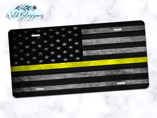 Wooden American Flag Yellow Line License Plate