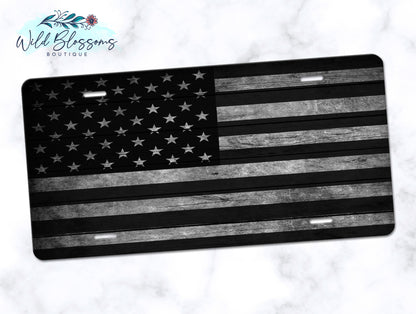 Grey Wooden American Flag License Plate