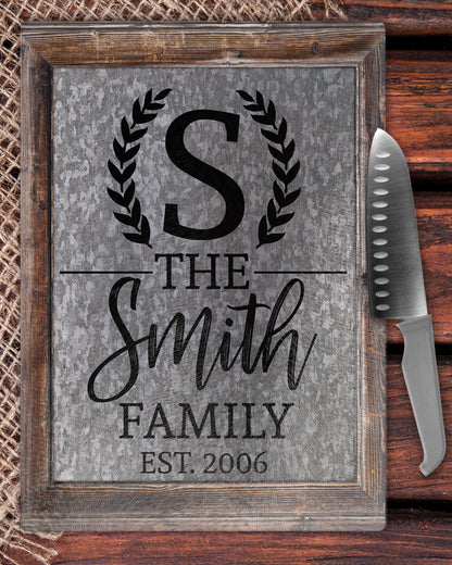 Galvanized Tin Wood Frame Family Name Glass Cutting Board