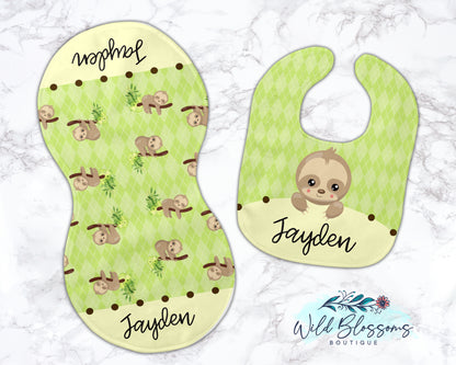 Green Sloth Baby Bib And Burp Cloth Set