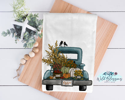 Fall Vintage Green Apple Pumpkin Truck Kitchen Towel