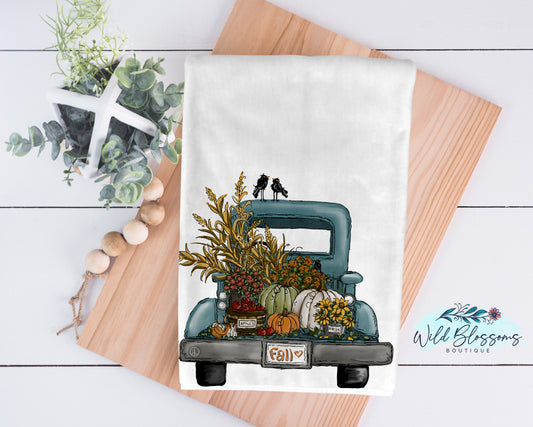 Fall Vintage Green Apple Pumpkin Truck Kitchen Towel