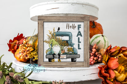 Personalized Hello Fall Gnome Truck Faux Frame Sign | Rustic Autumn Farmhouse Decor