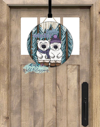 Hello Winter Polar Bear Round Door Hanger