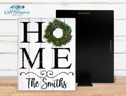 Personalized HOME Boxwood Wreath Sign | Rustic Farmhouse Family Name Decor