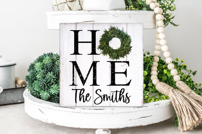 Personalized White HOME Boxwood Wreath Sign | Farmhouse Family Name Decor