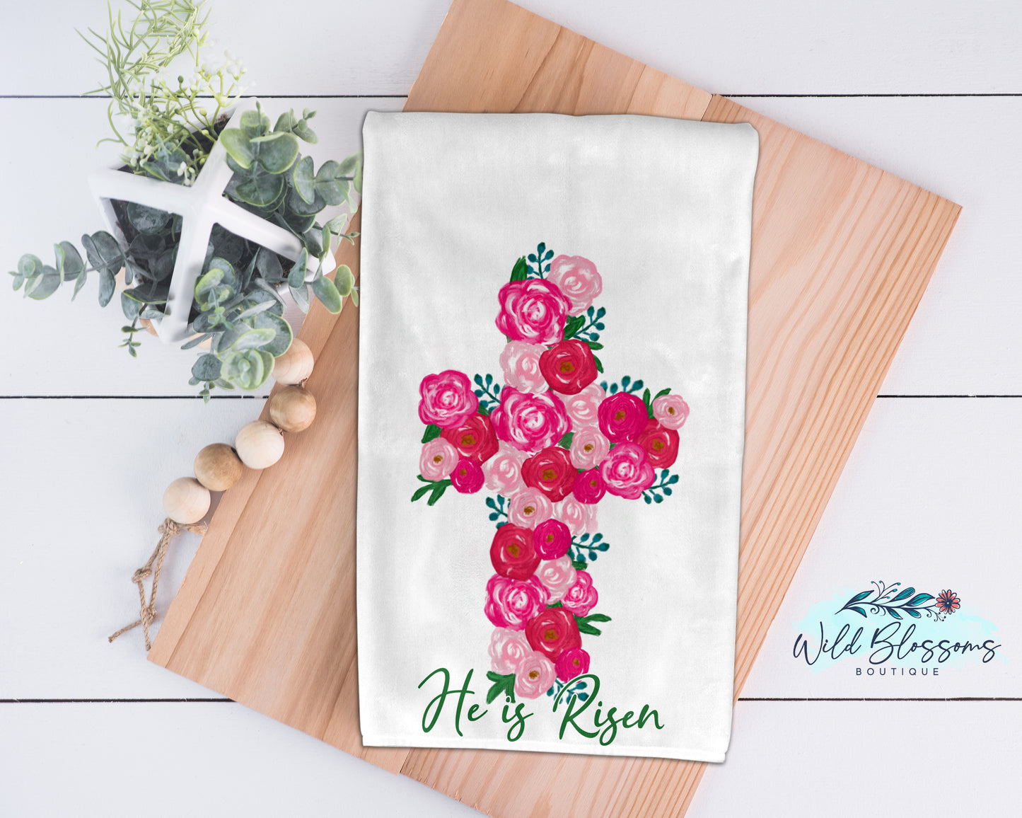 He Is Risen Floral Cross Kitchen Towel