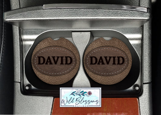Brown Leather Look Personalized Car Coasters