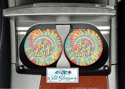 Retro Tie Dye Be Kind Car Coasters