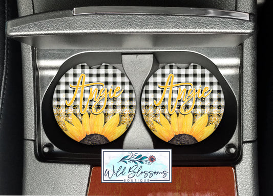 Black Buffalo Plaid Sunflower Personalized Car Coasters
