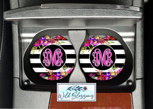 Black And White Striped Bright Floral Monogram Car Coasters