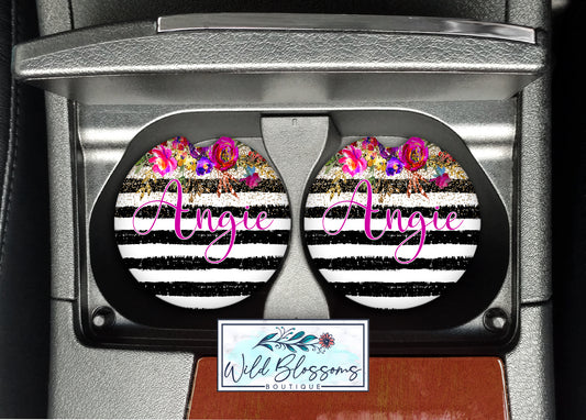 Black And White Striped Gold Floral Personalized Car Coasters