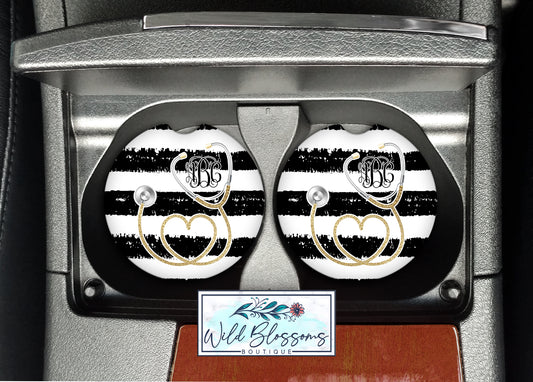 Black And White Striped Gold Stethoscope Monogram Car Coasters