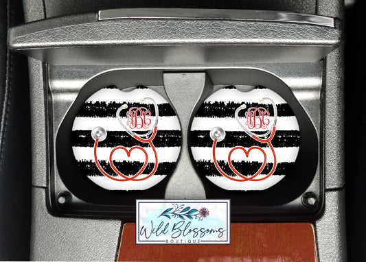 Black And White Striped Red Stethoscope Personalized Car Coasters