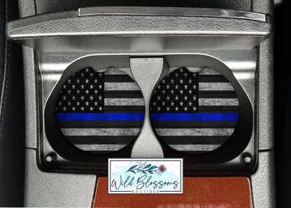 Wooden American Flag Blue Line Car Coasters