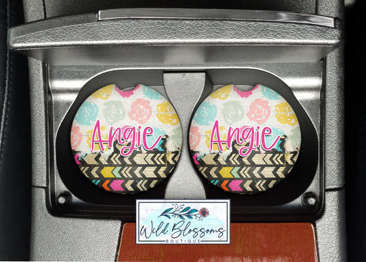 Boho Floral Personalized Car Coasters